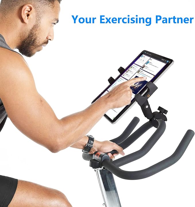 Treadmill Tablet Ipad Holder Bike Handlebar Mount Clamp for Stationary Bicycle Elliptical Spin Bike Peloton Stroller for 4-13" Devices, iPad Pro 12.9, Air, Mini, Galaxy Tabs, iPhone