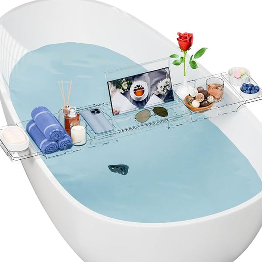 Yieach Luxury Clear Acrylic Bathtub Tray with Book Holder,Expandable Bath Tray for Tub and Bath Shelf Over Tub,Plastic Bath Table & Board,Bath Caddy Trays & Accessories for Women Relaxing Spa Gifts