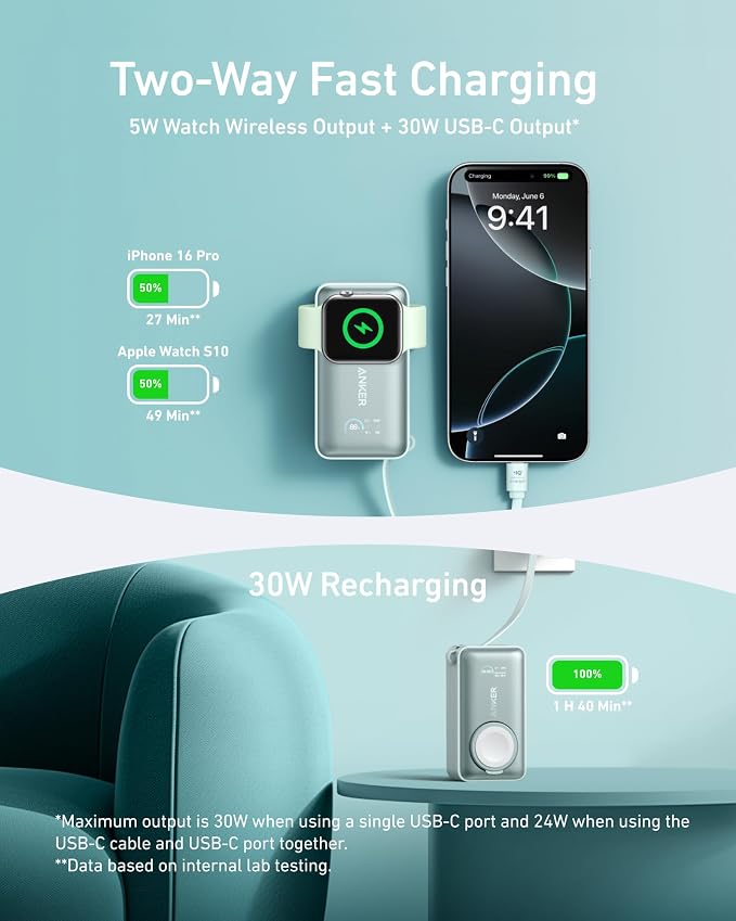 Anker MagGo Power Bank for Apple Watch, Officially Certified 10,000mAh Compact Battery Pack with Built-in USB-C Cable, 35W Max, for iPhone 15 Series, Samsung, iPad, AirPods, and More(Green)