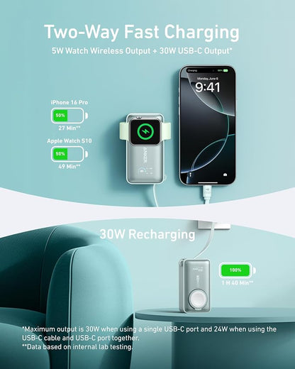 Anker MagGo Power Bank for Apple Watch, Officially Certified 10,000mAh Compact Battery Pack with Built-in USB-C Cable, 35W Max, for iPhone 15 Series, Samsung, iPad, AirPods, and More(Green)