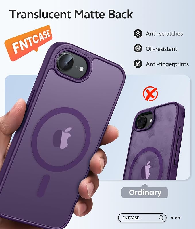 FNTCASE for iPhone 17e Case: iPhone 16e Phone Case [Compatible with Magsafe] Translucent Matte Cases with [Screen Protector] Military Grade Shockproof Protective Phone Cover - Purple