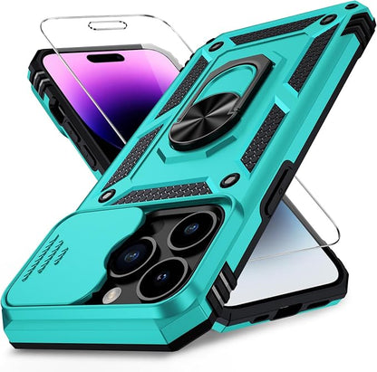 Weycolor for iPhone 14 Pro Max Case with Camera Lens Cover, HD Screen Protector, 10 FT Military Grade Drop Protection, Magnetic Ring Holder Kickstand Protective Phone Case, Ice Green