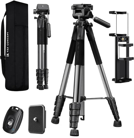 K&F CONCEPT Camera Tripod, 75" Lightweight Portable Travel Outdoor DSLR Tripods for Camera Phone Video Recording Tripod Stand, Cellphone Clip for Smartphone Live Streaming Vlog, Dark Grey