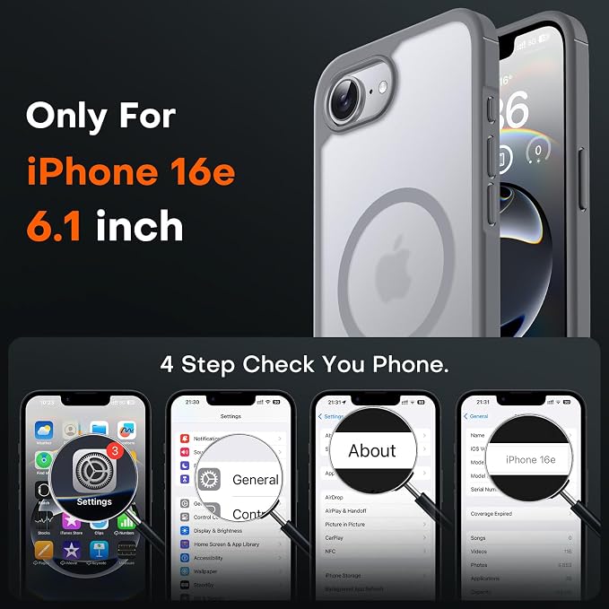 TOCOL Magnetic for iPhone 16e Case, Upgraded Full Camera Protection, Compatible with Magsafe, Drop Protection, Translucent Matte Back Bumper for iPhone 16e 6.1-Inch (Gray)