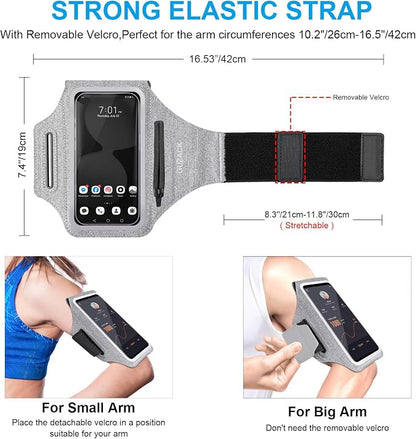 GUZACK Running Armband Case for iPhone 17/16/15/14/13 Pro Max, Galaxy S25/S24/S23/S22, Universal Cell Phone Arm Holder with Key Pocket & Card Slot, Gray