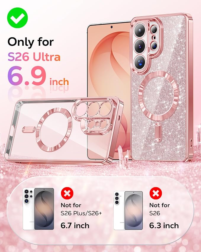 Meifigno Magnetic Case Designed for Samsung Galaxy S26 Ultra 6.9", [Compatible with MagSafe] [Removable Glitter Card & Wrist Strap], Surround Lens Protection Case for Galaxy S26 Ultra, Rose Gold