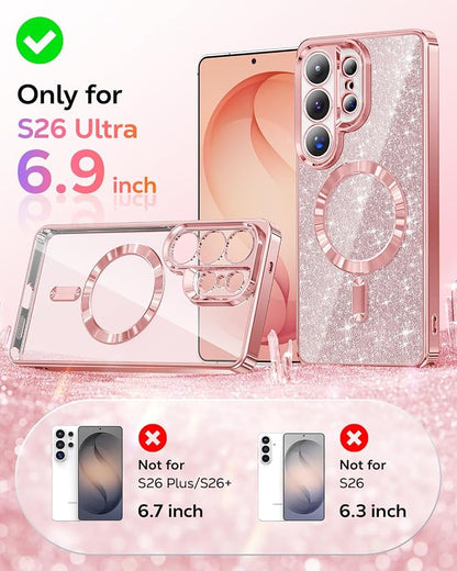 Meifigno Magnetic Case Designed for Samsung Galaxy S26 Ultra 6.9", [Compatible with MagSafe] [Removable Glitter Card & Wrist Strap], Surround Lens Protection Case for Galaxy S26 Ultra, Rose Gold
