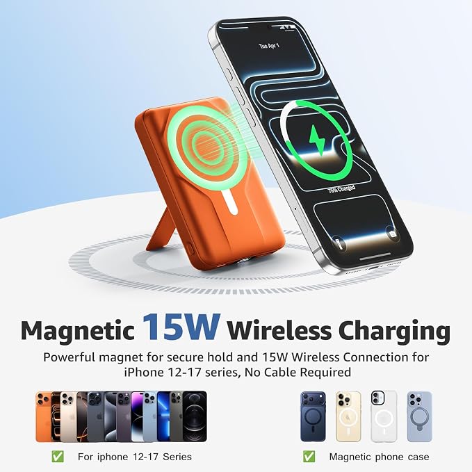 Azmuth Magnetic Power Bank,10000mAh for MagSafe Battery Pack, 22.5W PD Fast Charging,LED Display & Foldable Stand Wireless Portable Charger for iPhone 17/16/15/14/13/12/Pro/Pro Max/Plus,Orange
