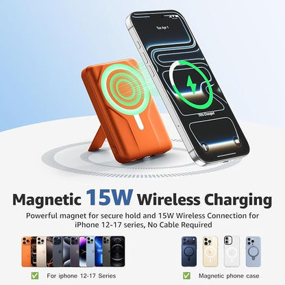 Azmuth Magnetic Power Bank,10000mAh for MagSafe Battery Pack, 22.5W PD Fast Charging,LED Display & Foldable Stand Wireless Portable Charger for iPhone 17/16/15/14/13/12/Pro/Pro Max/Plus,Orange