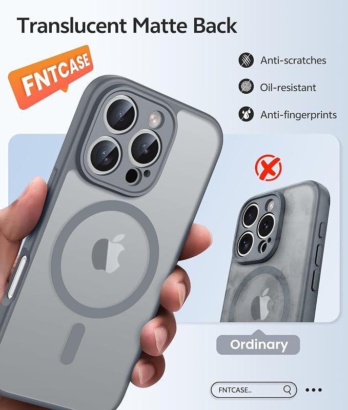 FNTCASE for iPhone 16 Pro Case: [Compatible with Magsafe] Translucent Matte Magnetic Phone Cover - Military Grade Drop Protection Shockproof Protective Cases - Gray