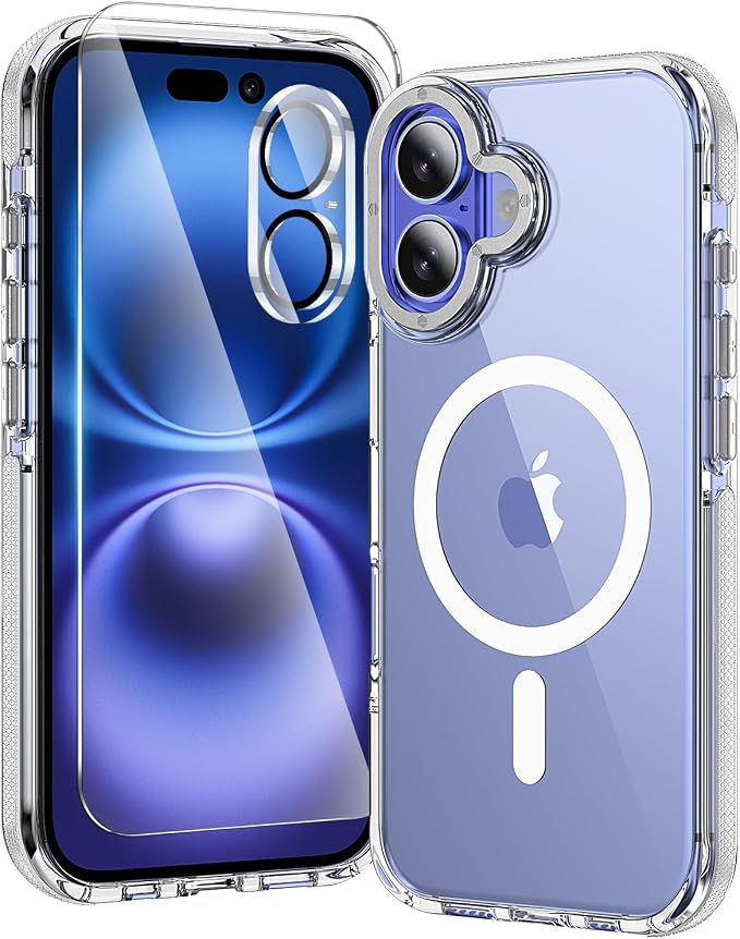 3 in 1 for iPhone 16 Case Clear with MagSafe, Yellowing-Resistant Acrylic Back, Shockproof Guard Corners, Military-Grade Protection for iPhone 16 Phone Case 6.1 inch Clear Bumper