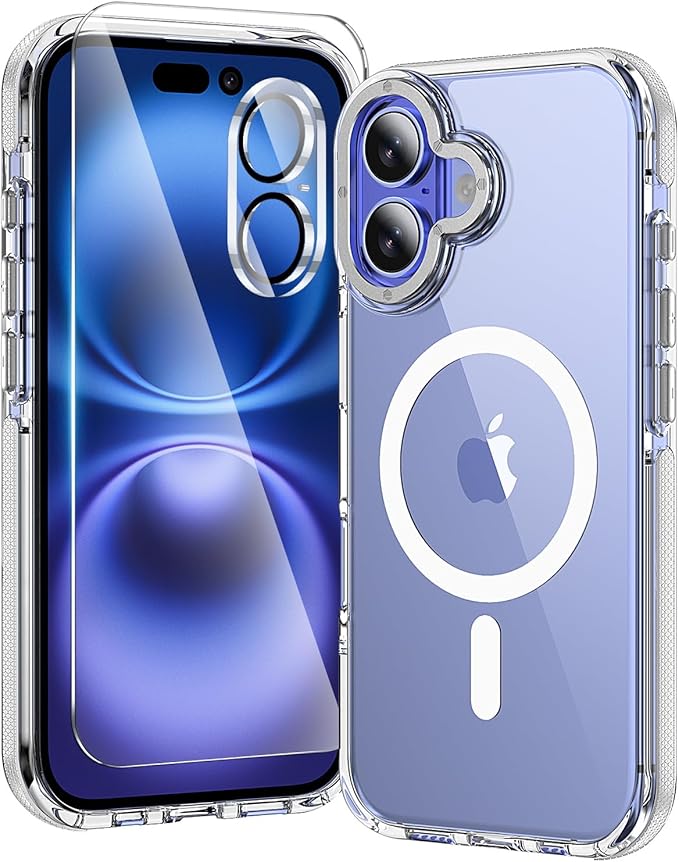 3 in 1 for iPhone 16 Plus Case Clear Bumper | with MagSafe,Screen Protector *1 & Camera Lens Protector*1, Shockproof Guard Corners, Military-Grade Protection