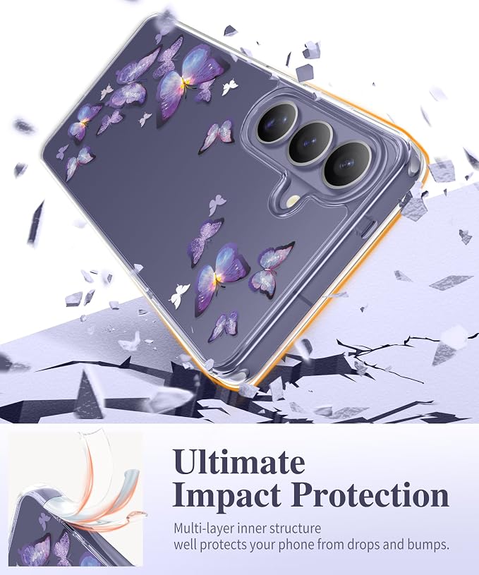 GVIEWIN for Samsung Galaxy S26 Case, Clear Floral Slim Shockproof Protective Women Phone Case, Non-Yellowing, with Screen Protector&Camera Lens Protector for Galaxy S26 6.3", Alluring Butterfly/Purple