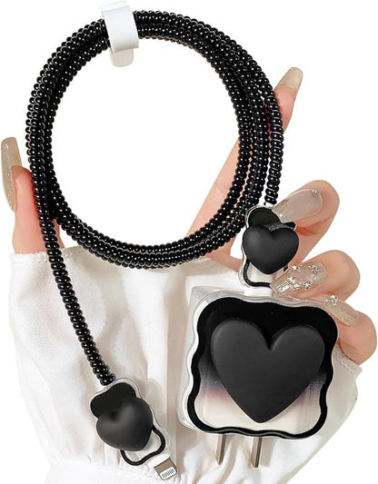 Lovmooful Compatible for iPhone 18W/20W USB-C Charger Cover Clear Lovely 3D Love Heart with Waves Design Soft Charger Protector Cute Cable Case Saver Protector for Girls Women-(Black Heart) 2