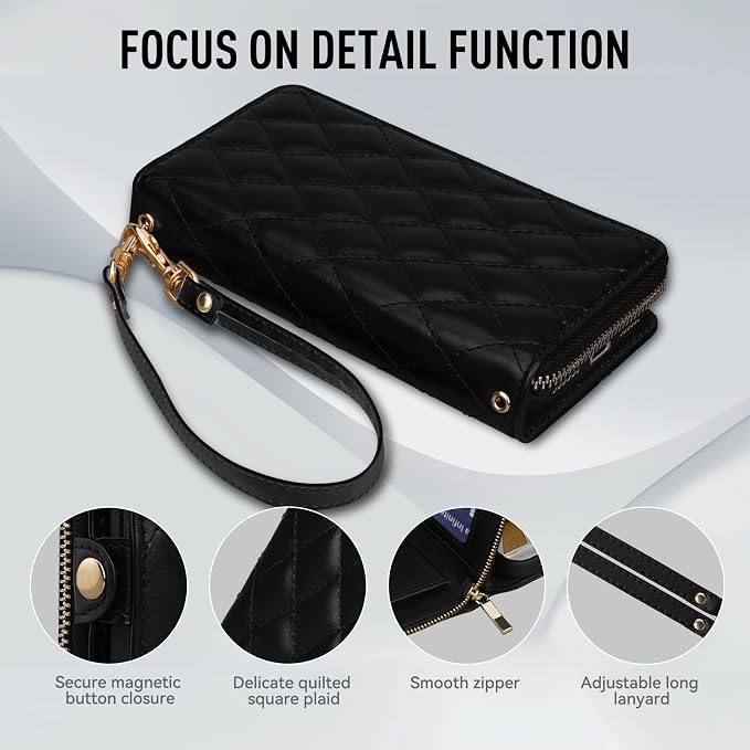 Rssviss Crossbody Case for iPhone 17 Pro Case Wallet, RFID Blocking Leather with Card Holder Kickstand, Handbag Zipper Flip Cover with Wrist Strap for iPhone 17 Pro Men Women 6.3", Black