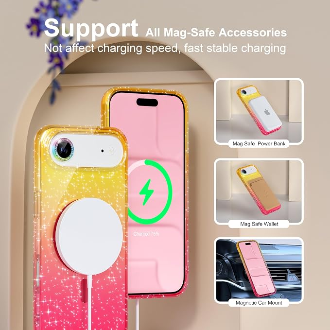 Choiche Magnetic for iPhone 17 Air Case Compatible with MagSafe, Women Cute Glitter Sparkly Phone Case with Diamond Camera Lens Protectors, Military-Grade Drop Protection 6.5" (Gold/Pink)