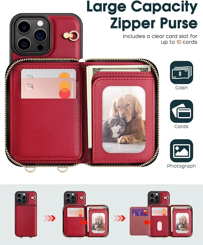 OCASE Compatible with iPhone 16 Pro Max Crossbody Wallet Case with Card Holder, PU Leather Zipper Handbag Phone Purse with RFID Blocking Kickstand Wrist Strap Lanyard 6.9 Inch, Dark Red