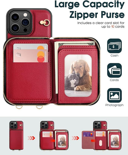 OCASE Compatible with iPhone 16 Pro Max Crossbody Wallet Case with Card Holder, PU Leather Zipper Handbag Phone Purse with RFID Blocking Kickstand Wrist Strap Lanyard 6.9 Inch, Dark Red