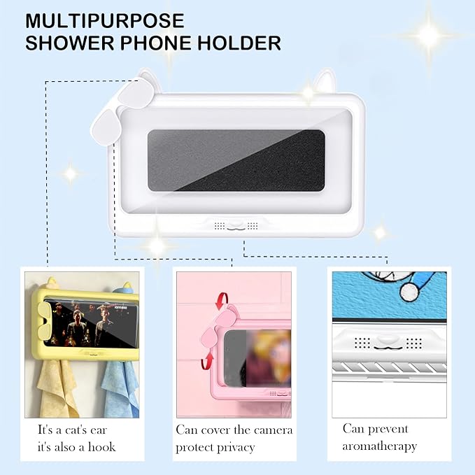 Shower Phone Holder Waterproof, Anti-Fog Touch Screen Shower Phone Case, 480 Rotation Wall Phone Mount Stand for Bathroom Batheub Kitchen Wall Mirror, Compatible with 4.7"-6.8" Phones (White)