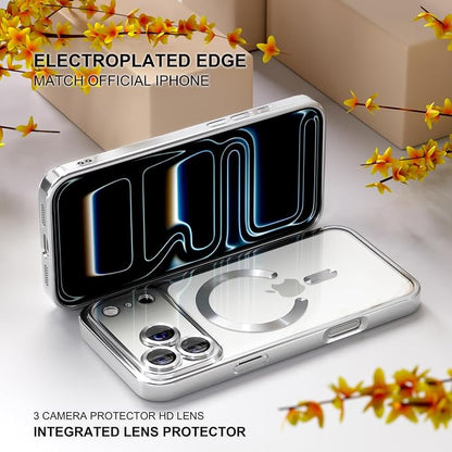 Misea Magnetic for iPhone 17 Pro Case Compatible with MagSafe [Never Yellowing] [Military Grade Drop Protection] Full Camera Lens Protector Plating Soft Clear Phone Case for Women, Silver