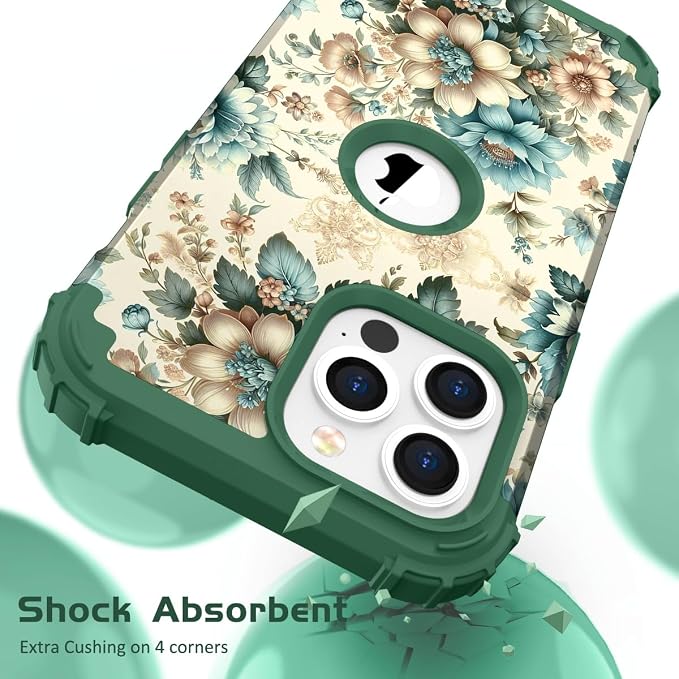 Hocase for iPhone 15 Pro Max Case, Heavy Duty Shockproof Protection Soft Silicone Rubber Bumper+Hard Plastic Hybrid Protective Case for iPhone 15 Pro Max 6.7" 2023 - Teal Blue Flowers