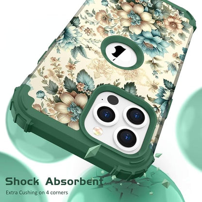 Hocase for iPhone 14 Pro Max Case, Heavy Duty Shockproof Protection Soft Silicone Rubber+Hard Plastic Bumpers Hybrid Protective Case for iPhone 14 Pro Max 2022 - Teal Blue Flowers