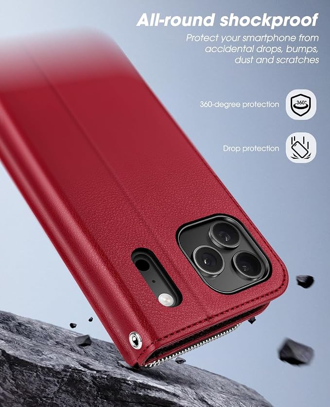 OCASE for iPhone 17 Pro Crossbody Wallet Case - Stylish PU Leather Handbag Phone Purse with Zipper Closure, Card Slots & RFID Blocking - Wrist Strap, Lanyard, Kickstand - Red
