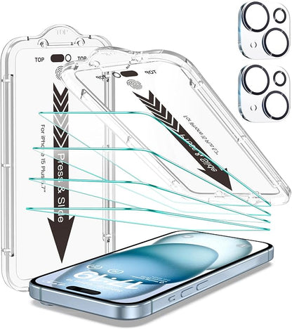EZ-GLAZ- 4 Pack for iPhone 15 Plus Screen Protector [6.7"] With 2 Pack Camera Lens Protector, 9H+ Hardness 12FT Military Grade Shatterproof Scratch Resistant Durable Tempered Glass Film with Flawless Fit Kit, HD Clear