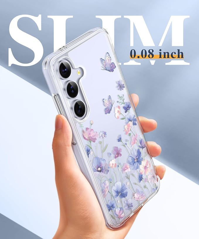 GVIEWIN for Samsung Galaxy S25 Plus Case, Clear Floral Slim Shockproof Protective Women Phone Case, Non-Yellowing, with Screen Protector & Camera Lens Protector for S25 Plus 6.7", Bloomwing/Blue
