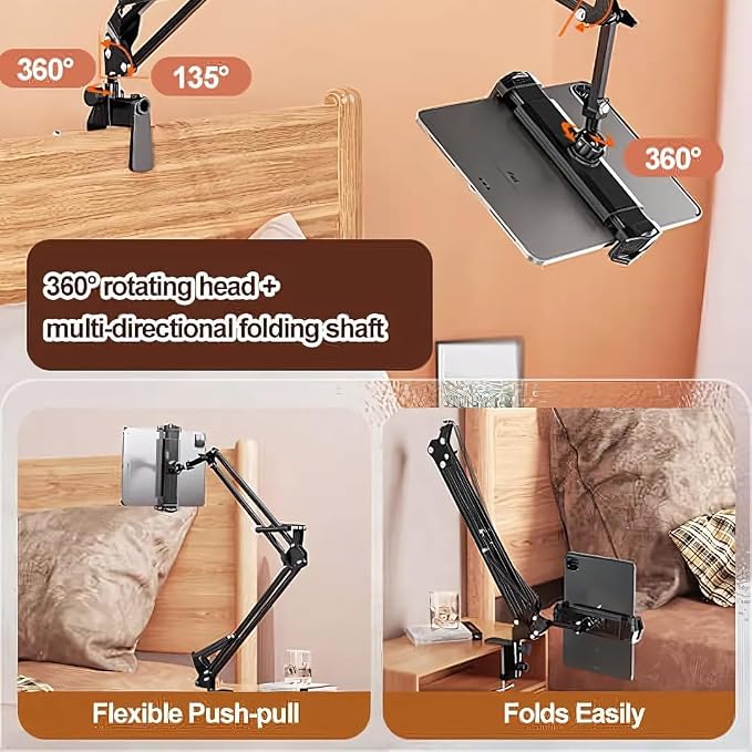 2 in 1 Gooseneck Phone Holder for Bed - Ultra Sturdy Cell Phone Stand for Desk Kindle Holder for Bed Flexible Arm Clamp Tablet Mount Stand fits iPhone iPad Switch Kindle Device Black