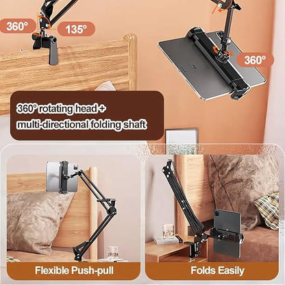 2 in 1 Gooseneck Phone Holder for Bed - Ultra Sturdy Cell Phone Stand for Desk Kindle Holder for Bed Flexible Arm Clamp Tablet Mount Stand fits iPhone iPad Switch Kindle Device Black