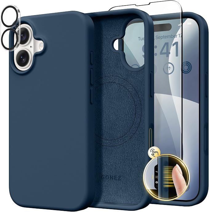 GONEZ Magnetic for iPhone 16 Case, Compatible with MagSafe, [Screen Protector + Camera Lens Protector], Liquid Silicone Shockproof Protective Phone Case for iPhone 16 6.1", Dark Blue