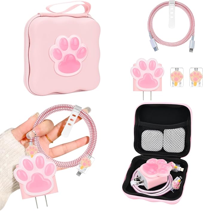 CameCosy Phone Charger Storage Case Cover Sets with Cable Protector for iPhone Charger, Wave Travel Storage Bag, Cord Wire Saver Cable Organizer Soft DIY Charger Protector (Pink Cat Claw)