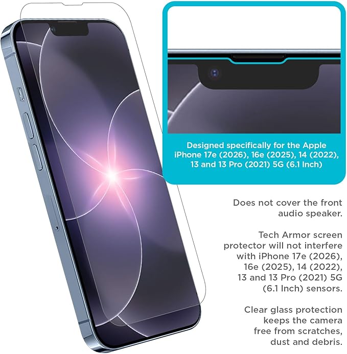Tech Armor for Apple iPhone 17E Screen Protector,iPhone 16E, iPhone 14, 13 and 13 Pro Tempered Glass 6.1 Inch - Ballistic, Case Friendly, Easy Install, Sensor Protection, HD, 9H Hardness - 3 Pack