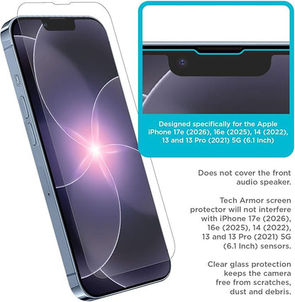Tech Armor for Apple iPhone 17E Screen Protector,iPhone 16E, iPhone 14, 13 and 13 Pro Tempered Glass 6.1 Inch - Ballistic, Case Friendly, Easy Install, Sensor Protection, HD, 9H Hardness - 3 Pack