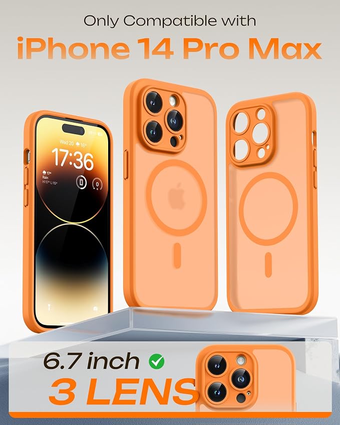 TOCOL for Phone 14 Pro Max Case, Compatible with Magsafe Charger, Full Camera Protection, Drop Protection, Translucent Matte Phone Case for iPhone 14 Pro Max 6.7 inch (Orange)