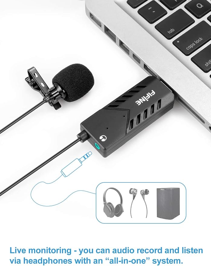 Fifine USB Lavalier Lapel Microphone, Clip-on Cardioid Condenser Computer Mic Plug and Play USB Microphone with Sound Card for PC and Mac-K053