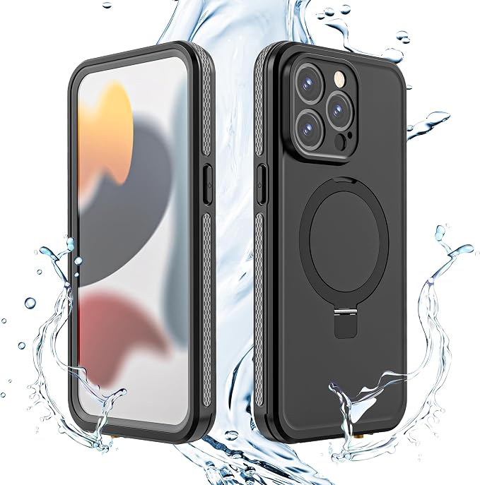 Omio for iPhone 15 Pro Max Waterproof Case with Stand Compatible with MagSafe, Full Body Magnetic IP69 Underwater Case Built-in Screen Protector Military Grade Shockproof Case for Men Women, Black