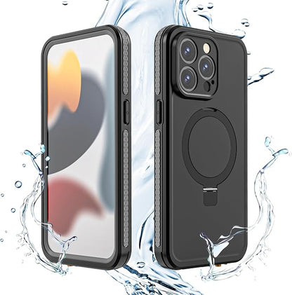 Omio for iPhone 15 Pro Max Waterproof Case with Stand Compatible with MagSafe, Full Body Magnetic IP69 Underwater Case Built-in Screen Protector Military Grade Shockproof Case for Men Women, Black