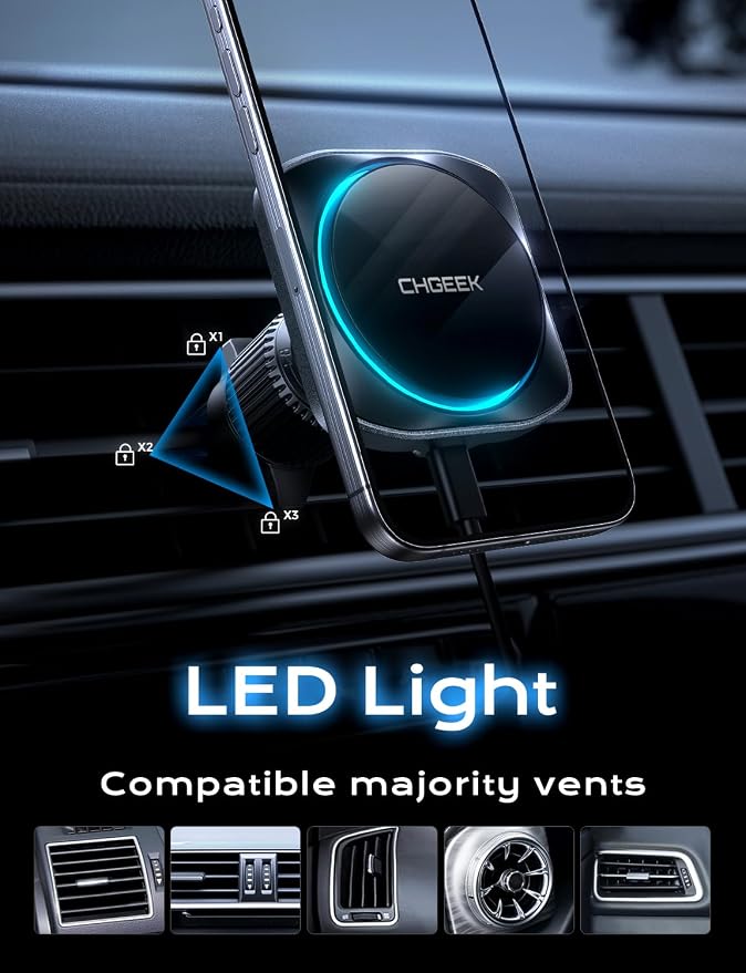 CHGeek for 15W Magsafe Car Mount Charger, Wireless Car Charger Magnetic Car Phone Holder Mount Fit iPhone 16 15 14 13 12 Magsafe Case, Vent/Windshield/Dash Phone Mount Holder Fast Cooling Charger