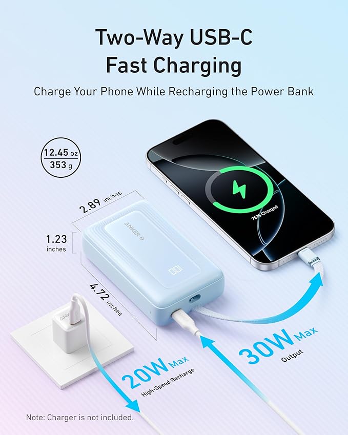 Anker Zolo Power Bank (2025 Upgraded Version), 20,000mAh 30W High-Speed Portable Charger with Built-in USB-C Cable, Battery Pack for iPhone 17/16 / 15 Series, Galaxy, and More
