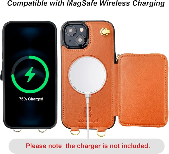 Bocasal for MagSafe Crossbody Wallet Case Compatible with iPhone 15, RFID Blocking Protective Purse Case with Card Slots Holder Kickstand Wrist Strap Lanyard Zipper 6.1 Inch 5G (Brown)