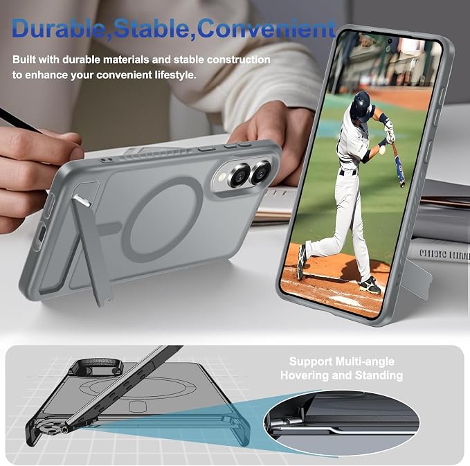 RMOCR for Samsung Galaxy S25 Edge Case with Screen Protector+Lanyard Wrist Strap,Magnetic Translucent Matte Rugged Slim Phone Cover Built in Invisible Kickstand [Fit for MagSafe],2025 Grey