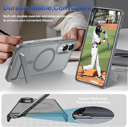 RMOCR for Samsung Galaxy S25 Edge Case with Screen Protector+Lanyard Wrist Strap,Magnetic Translucent Matte Rugged Slim Phone Cover Built in Invisible Kickstand [Fit for MagSafe],2025 Grey