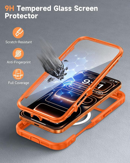 seacosmo for iPhone 17 Pro Case, Full Body Bumper with Built-in Tempered Glass Screen and Camera Lens Protector, Compatible with MagSafe, Shockproof 17 Pro Phone Case, 6.3", Orange