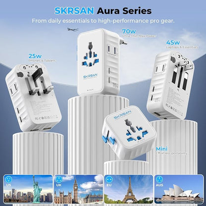 Aura 45W Ultra-Slim International Travel Adapter, 36mm Pocket-Sized 6-in-1 Universal Power Plug, PD & QC 3.0 Fast Charging Essentials for UK Europe Australia USA, 200+ Countries (Arctic White)