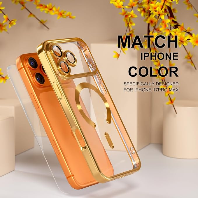 Misea Magnetic for iPhone 17 Pro Max Case Compatible with MagSafe [Never Yellowing] [Military Grade Drop Protection] Full Camera Lens Protector Plating Soft Clear Phone Case for Women, Gold