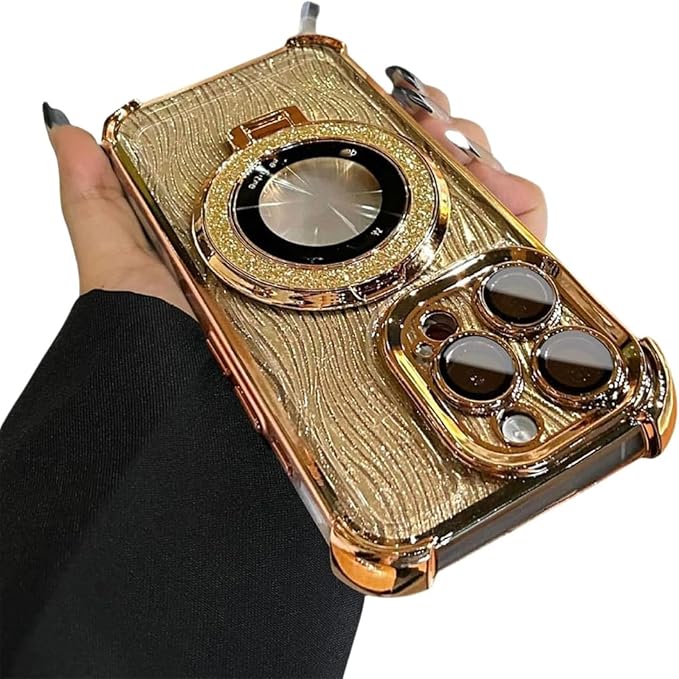 for iPhone Four Corners Airbag Drop Protection Magnetic Stand Case, Water Ripple Phone Case, for iPhone 16/15/14/13/12/11Pro Max (Gold,for iPhone 16Promax)
