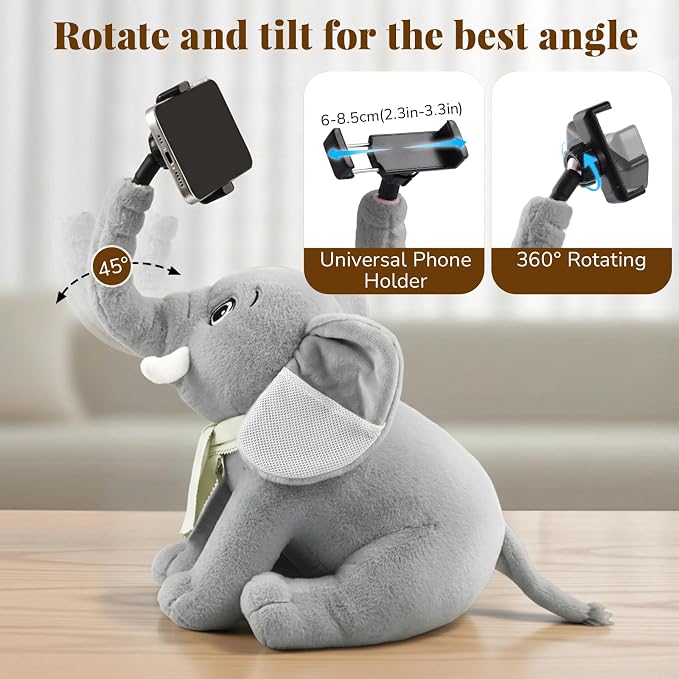 Phone Holder, Phone Mount with 360° Rotating Clip 45° Adjustable Trunk, Elephant Stuffed Animal with Ear Pockets Glasses Cloth Scarf & Back Headphone Fit, Cell Phone Holder for Desk Bed Sofa Car- Gray