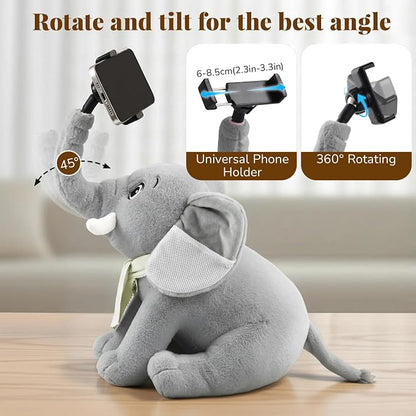 Phone Holder, Phone Mount with 360° Rotating Clip 45° Adjustable Trunk, Elephant Stuffed Animal with Ear Pockets Glasses Cloth Scarf & Back Headphone Fit, Cell Phone Holder for Desk Bed Sofa Car- Gray